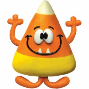 A candy corn character with a smile on its face.