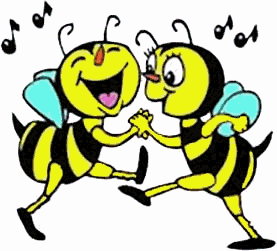 Two bees are dancing together with musical notes in the background.