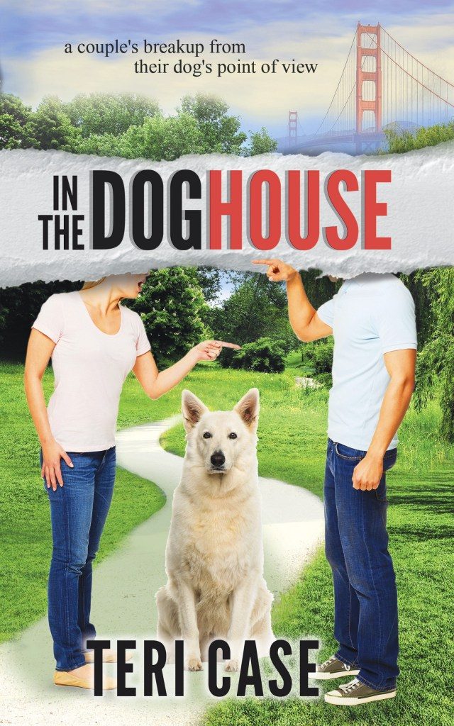 A couple and their dog are standing in the grass.