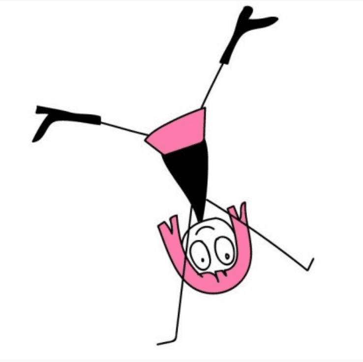 A cartoon of a person hanging upside down.