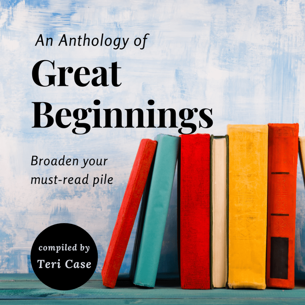 A book shelf with books on it and the title of the anthology.