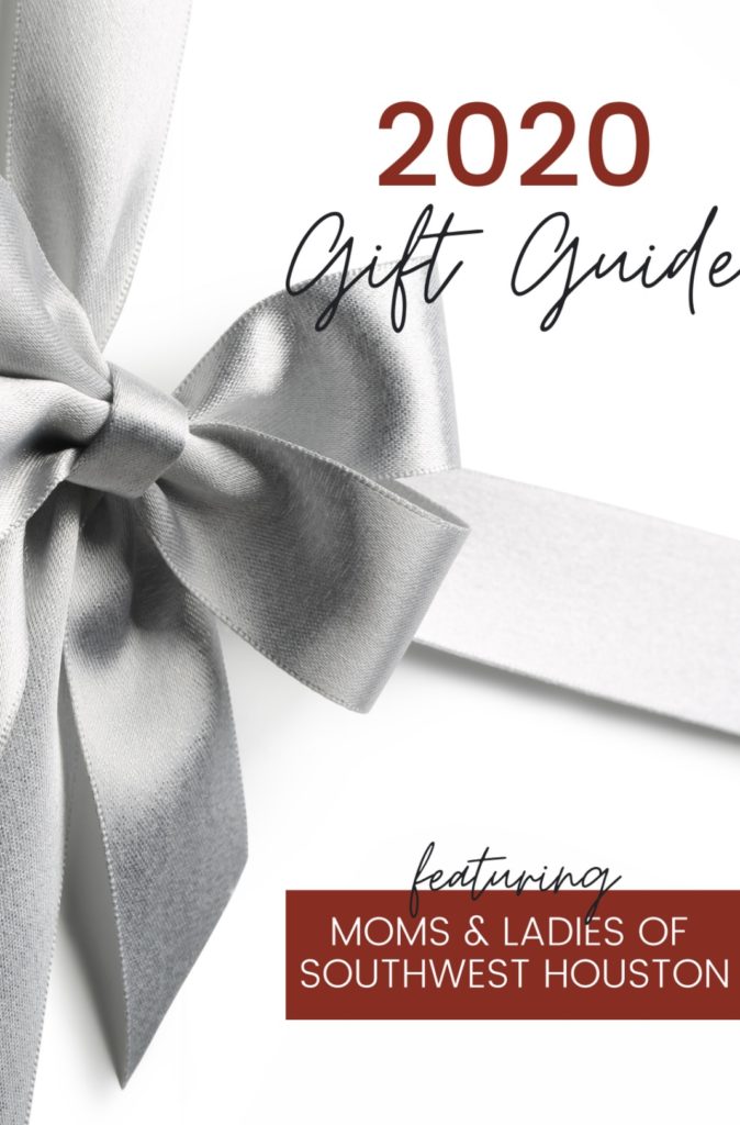 A silver bow and card with text that reads gift guide featuring moms & ladies of
